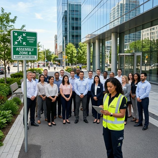 Bayraklı gökdelenler ve plaza ofisleri için kurumsal yangın tahliye tatbikatı
